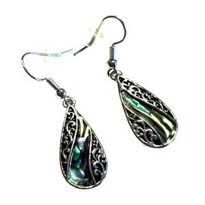 Pierced earrings Silvertone & green abalone shell enamel finish teardrop dangles